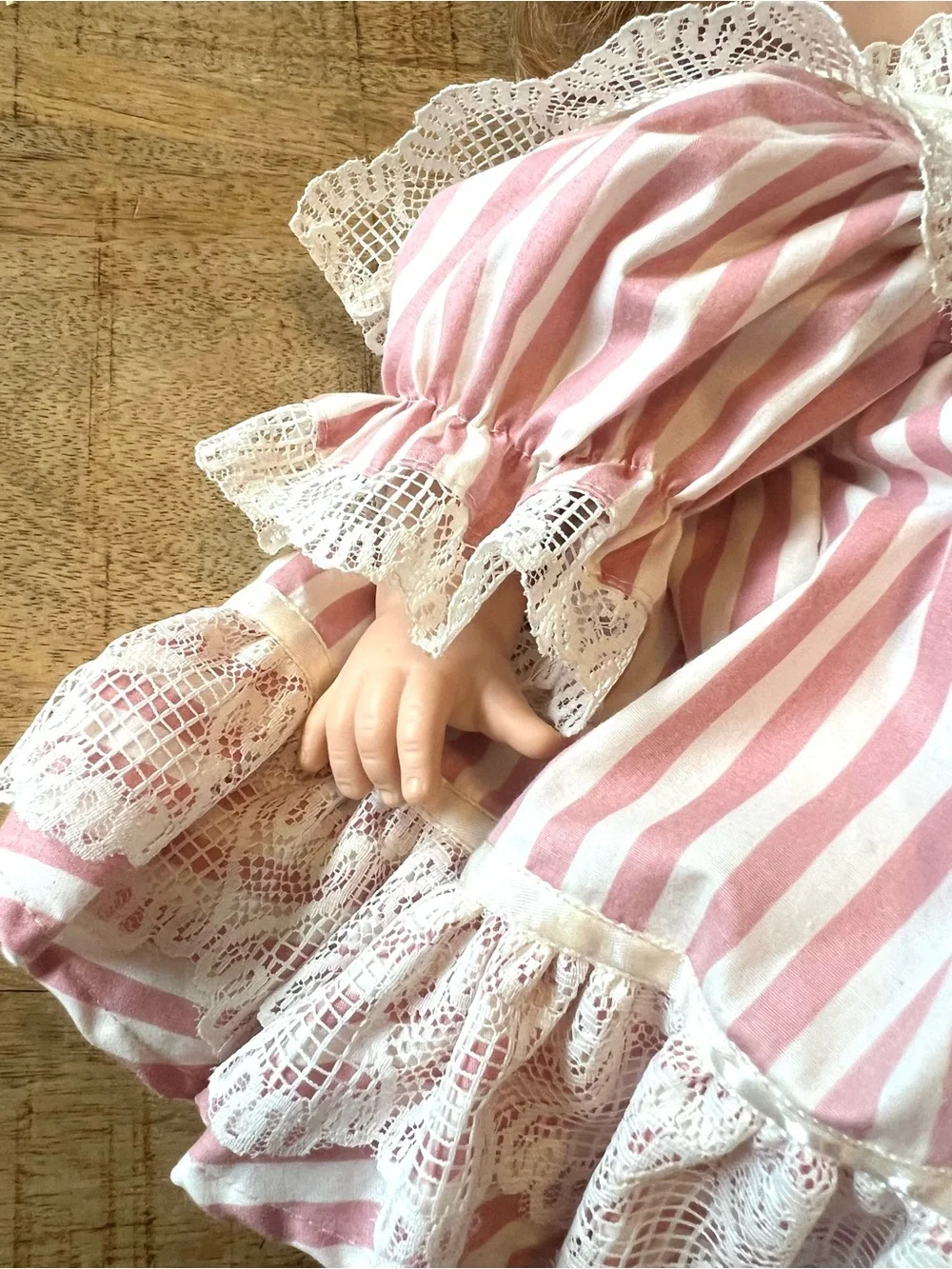 Dolls by Jerri 1990 Baby Doll in Pink & White Striped Lace Dress 20”